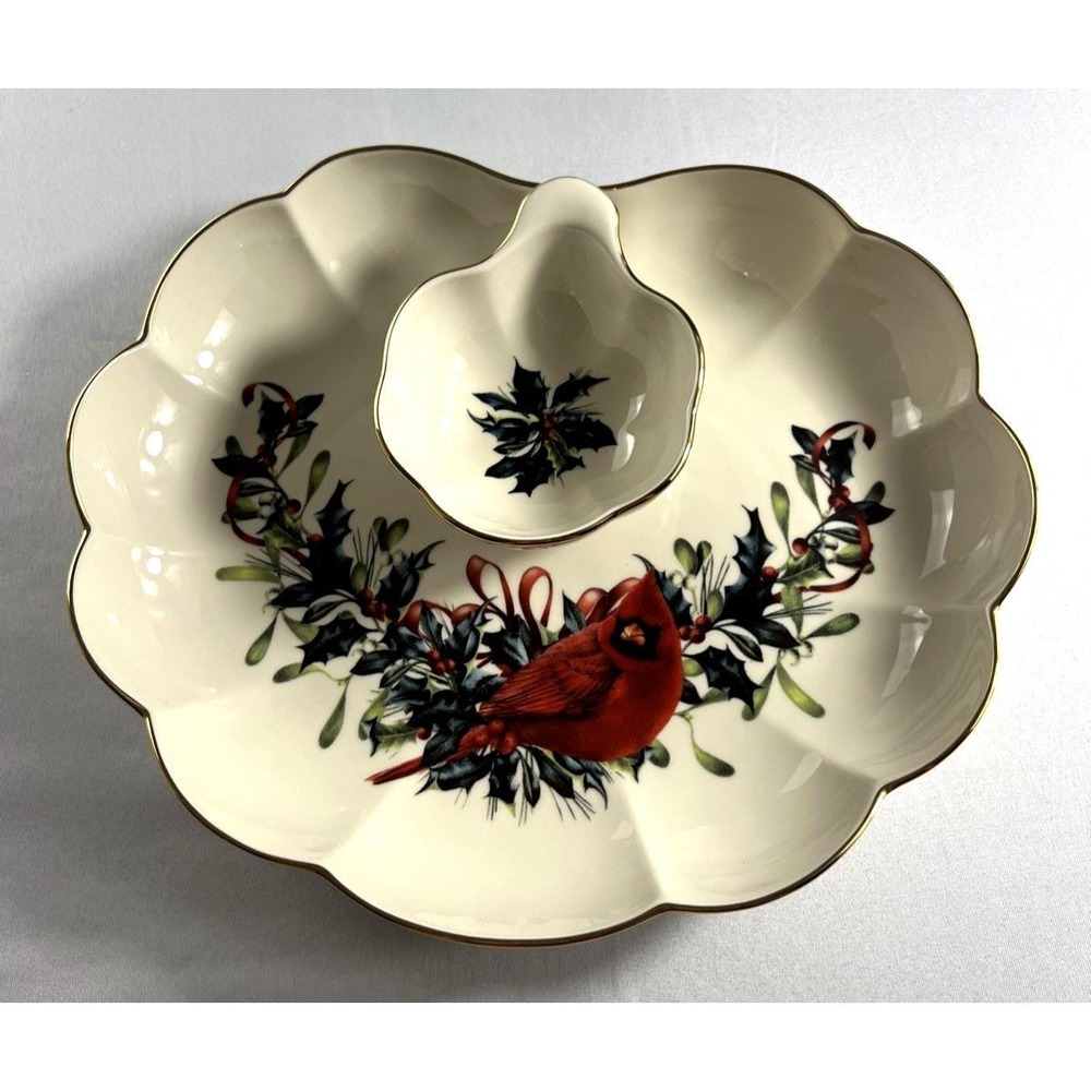 Lenox Winter Greetings 2pc Crudite Serving Bowl Gold Ruffled Edge 1996